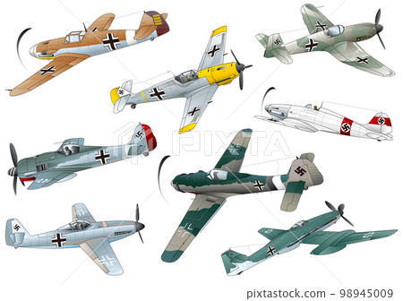 二戰期間活躍的八架德國空軍螺旋槳戰鬥機的向量插圖集。 98945009