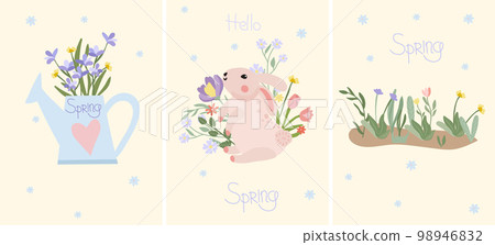 A combo of bright spring compositions with flowers in a garden watering can, a cute bunny and spring flowers. Ideal for banners, cards, posters, stickers. Vector illustration A combo of bright spring compositions with flowers in a garden watering can, a cute bunny and spring flowers. Ideal for banners, cards, posters, stickers. Vector illustration 98946832