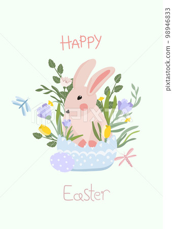 Cute composition with a rabbit sitting in a basket, spring flowers, butterflies and Easter eggs. Spring flowering. Vector graphics. Cute composition with a rabbit sitting in a basket, spring flowers, butterflies and Easter eggs. Spring flowering. Vector graphics. 98946833
