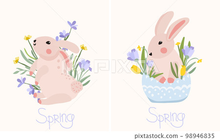 Composition with a cute rabbit, spring flowers, green leaves on the inscription spring. Bright compositions for posters, banners, cards, Easter, spring holidays. Vector graphics 98946835