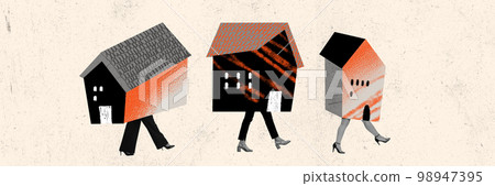 Population movements. Conceptual art collage in minimalistic style about theme of resettlement, migration, refugees in war time. Concept of world social issues, problems 98947395