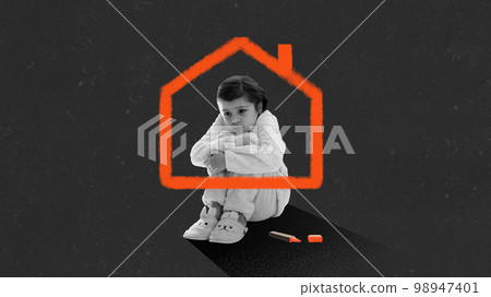 Sad little girl looking at camera sadly. Conceptual art collage in minimalistic style about theme of loss of parents, migration, refugees in war time. Concept of world social issues, problems Sad little girl looking at camera sadly. Conceptual art collage in minimalistic style about theme of loss of parents, migration, refugees in war time. Concept of world social issues, problems 98947401