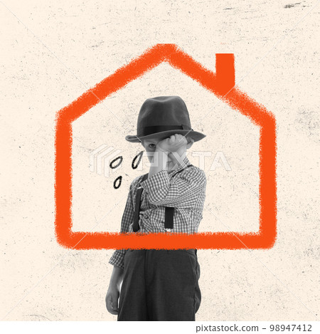 Sad little boy crying. Conceptual art collage in minimalistic style about theme of loss of parents, migration, refugees in war time. Concept of world social issues, problems 98947412