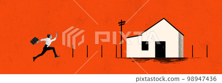 Conceptual art collage in minimalistic style about theme of resettlement, migration, refugees in war time. Woman running. Concept of world social issues, problems Conceptual art collage in minimalistic style about theme of resettlement, migration, refugees in war time. Woman running. Concept of world social issues, problems 98947436