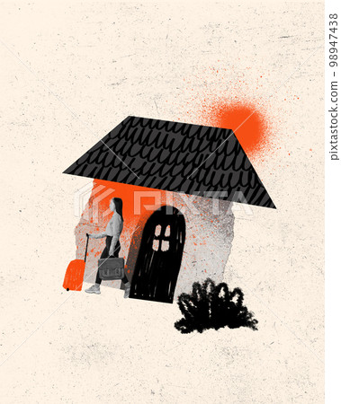 Woman leaving house. Conceptual art collage in minimalistic style about theme of resettlement, migration, refugees in war time. Concept of world social issues, problems 98947438