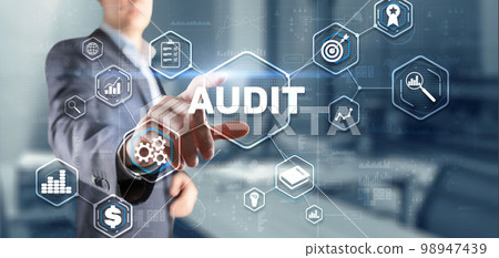 Audit. Checking the financial statements of the company. Businessman touching Audit on 3d virtual screen 98947439