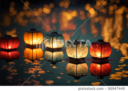 Paper lanterns float on dark water. Traditional Floating Lantern Festival, Memorial Day. Generative AI illustration 98947440