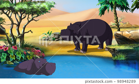 Hippos by the river in Africa illustration Hippos by the river in Africa illustration 98948289