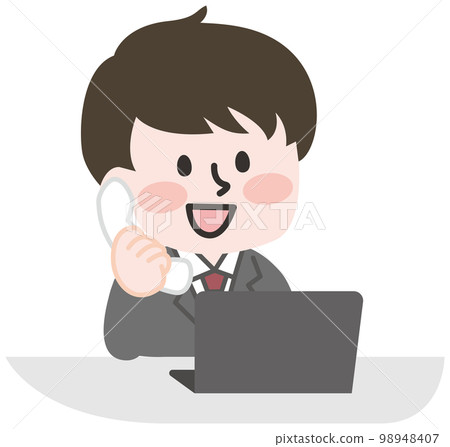 A male office worker who makes a phone call at the desk A male office worker who makes a phone call at the desk 98948407