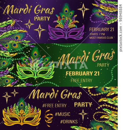 Set of 3 horizontal carnival banners with mask, feathers, ribbons, beads, golden stars, text. Social media header size. Template for Mardi Gras carnival, party in vintage style. Detailed illustration Set of 3 horizontal carnival banners with mask, feathers, ribbons, beads, golden stars, text. Social media header size. Template for Mardi Gras carnival, party in vintage style. Detailed illustration 98948884