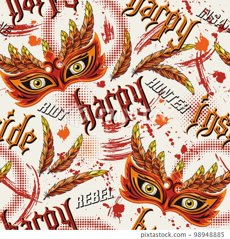 Pattern with scary masquerade mask, feathers, yellow eyes behind, text Harpy inside. Concept of insane rebellious character, inner strenght For prints, clothing, t shirt, surface design Pattern with scary masquerade mask, feathers, yellow eyes behind, text Harpy inside. Concept of insane rebellious character, inner strenght For prints, clothing, t shirt, surface design 98948885