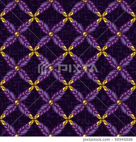 Geometric pattern with beads, square diagonal grid made of feathers on dark textured background. Carnival design. Geometric pattern with beads, square diagonal grid made of feathers on dark textured background. Carnival design. 98948886