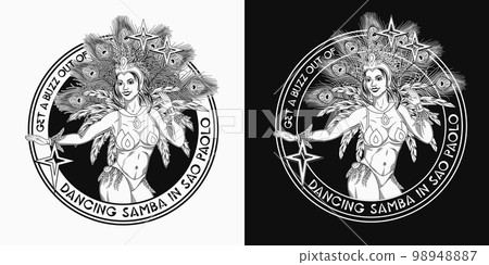 Circular label with brazilian samba female dancer, text. Pretty girl wearing festival costume with feathers. Decor for Brazilian carnival in vintage style. Circular label with brazilian samba female dancer, text. Pretty girl wearing festival costume with feathers. Decor for Brazilian carnival in vintage style. 98948887