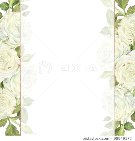 Watercolor illustration. Square frame with white roses with translucent veil and gold edging. Place for inscription or text. Isolated on a white background.For design of card, wedding invitation Watercolor illustration. Square frame with white roses with translucent veil and gold edging. Place for inscription or text. Isolated on a white background.For design of card, wedding invitation 98949173