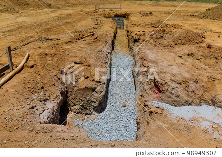 During construction of new house we prepared trenches in order to pour concrete under house using cement strip foundations During construction of new house we prepared trenches in order to pour concrete under house using cement strip foundations 98949302