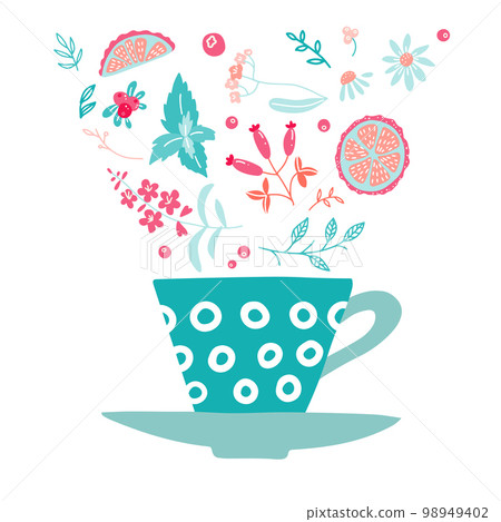 Cup with herbal ingredients - chamomile, lemon, mint, cranberries and barberries, cloudberries, fireweed, linden. Hand drawn doodle color herb illustration. Cup with herbal ingredients - chamomile, lemon, mint, cranberries and barberries, cloudberries, fireweed, linden. Hand drawn doodle color herb illustration. 98949402