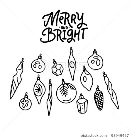 Christmas balls and baubles Line Icons set . Christmas decoration elements. Linear black on white vector illustration. Christmas balls and baubles Line Icons set . Christmas decoration elements. Linear black on white vector illustration. 98949427