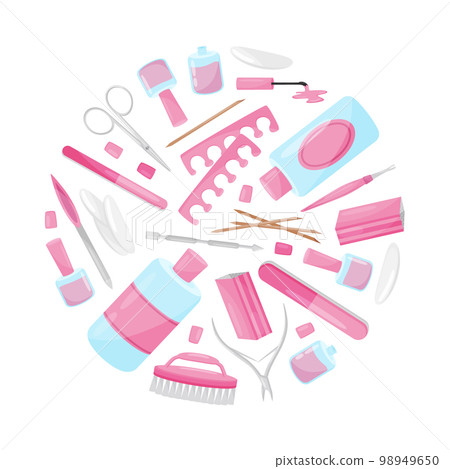 Manicure and Pedicure Round Composition Design with Nail Equipment Vector Template 98949650
