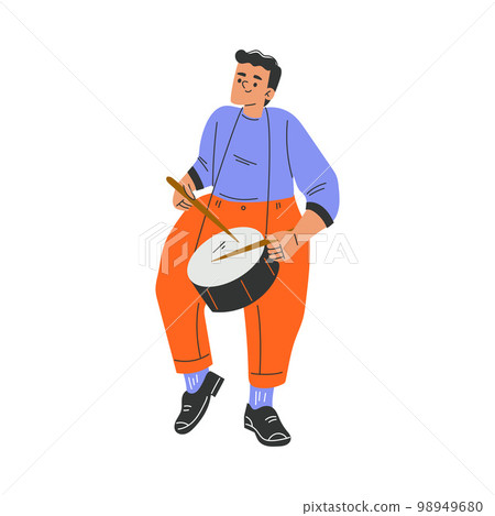 Happy Musical Man Character Standing and Playing Drum Vector Illustration 98949680