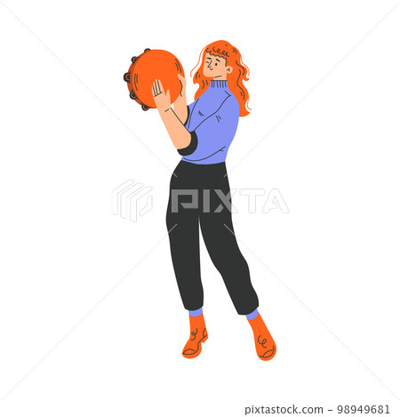 Happy Musical Woman Character Standing and Playing Tambourine Vector Illustration 98949681