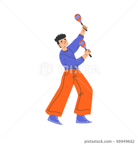 Happy Musical Teen Boy Character Standing and Playing Maraca Vector Illustration 98949682