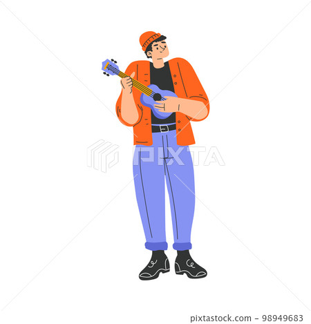 Happy Musical Man Character Standing and Playing Ukulele Vector Illustration 98949683