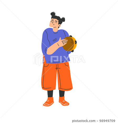 Happy Musical Girl Character Standing and Playing Tambourine Vector Illustration 98949709