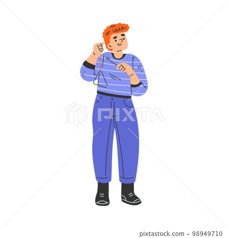 Happy Musical Teen Boy Character Standing and Playing Triangle Vector Illustration 98949710