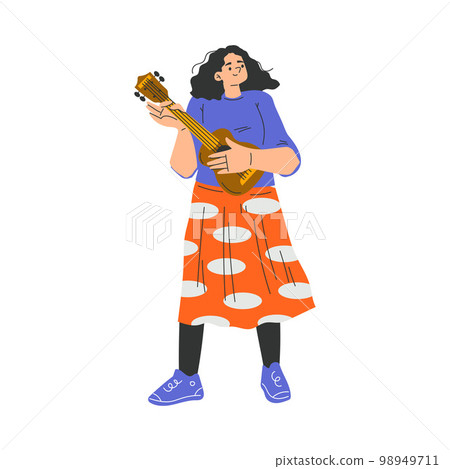 Happy Musical Woman Character Standing and Playing Ukulele Vector Illustration 98949711