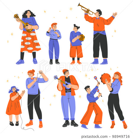 Musical Family with Parent and Kids Playing Instrument and Singing Vector Set Musical Family with Parent and Kids Playing Instrument and Singing Vector Set 98949716
