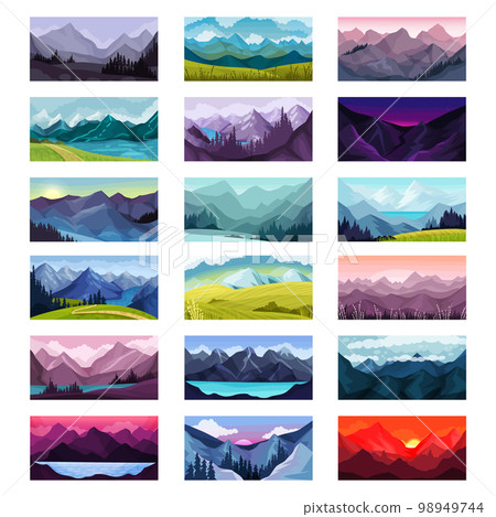 Mountain Landscape with Peak and Forest Scene Big Vector Set Mountain Landscape with Peak and Forest Scene Big Vector Set 98949744