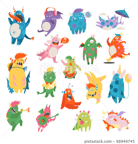 Comic Monsters with Horns and Wings Playing Trumpet and Having Fun Big Vector Set 98949745