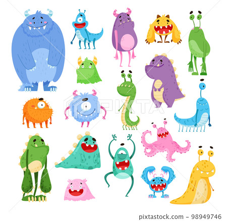 Funny Smiling Toothy Monsters with Horns Big Vector Set 98949746