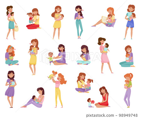 Happy Young Mom with Kids Nursing and Babysitting Big Vector Set 98949748
