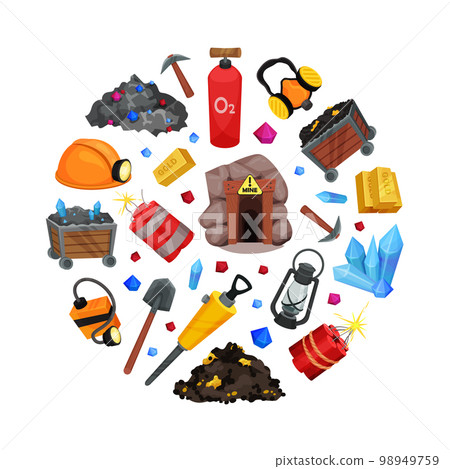 Mining Industry Round Composition Design with Minerals and Equipment Vector Template Mining Industry Round Composition Design with Minerals and Equipment Vector Template 98949759