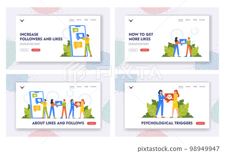 Likes in Social Networks Landing Page Template Set. Characters Chat through Internet Site, Use Modern Remote Communication 98949947