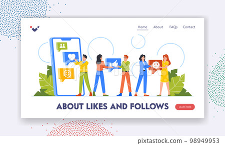 Young People Share Likes in Social Networks Landing Page Template. Characters Chat through Internet Site 98949953
