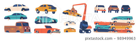 Dismantled Used Automobiles Icons Set. Manipulator Crane Holding Old Car without Wheels. Cartoon Vector Illustration 98949963