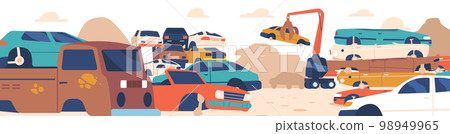 Crashed Cars Dump. Crane Manipulator Replacing Old Car. Used Vehicles Stand in Rows and Piled Up. Vector Illustration 98949965