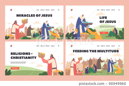 Miracles of Jesus Christ Landing Page Template Set. Apostles Give Food to Hungry Crowd. Feeding Hearers of Prophet 98949968