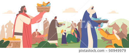 Apostles of Christ Characters Give Food to Hungry Crowd. Biblical Story about God Creating Miracle. Vector Illustration Apostles of Christ Characters Give Food to Hungry Crowd. Biblical Story about God Creating Miracle. Vector Illustration 98949979
