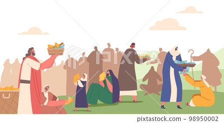 Jesus Christ Apostles Characters Feeding Hungry Crowd with Five Loaves and Two Fish. Cartoon People Vector Illustration 98950002