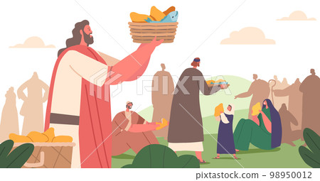 Jesus and Followers Characters Give Bread and Fish. Biblical Narrative about Feeding Hungry Crowd. Vector Illustration Jesus and Followers Characters Give Bread and Fish. Biblical Narrative about Feeding Hungry Crowd. Vector Illustration 98950012