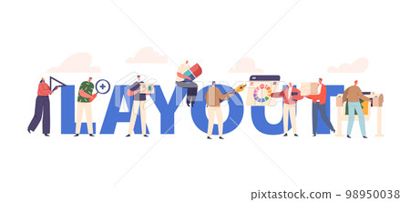 Layouts Concept, Team of Professional Designer Characters Create Digital Products. Men Work with Computer Program Tools 98950038