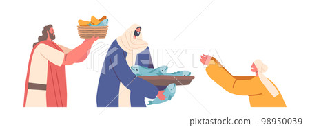 Jesus Fed Crowd with Five Loaves and Two Fishes Composition. Biblical story about Son of God Miracles for Believers Jesus Fed Crowd with Five Loaves and Two Fishes Composition. Biblical story about Son of God Miracles for Believers 98950039