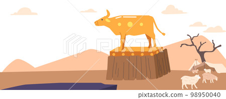 Large Golden Taurus Standing on Pedestal in Desert. Jews Statue of Animal for Worship. Cartoon Vector Illustration Large Golden Taurus Standing on Pedestal in Desert. Jews Statue of Animal for Worship. Cartoon Vector Illustration 98950040
