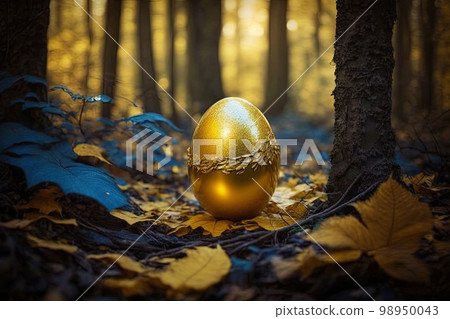Golden egg in fallen leaves. An abandoned golden egg in an autumn forrest. Golden egg in fallen leaves. An abandoned golden egg in an autumn forrest. 98950043