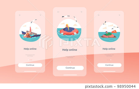 Help Online Mobile App Page Onboard Screen Template. Tourists Need Help at Sea Concept. Cartoon Vector Illustration Help Online Mobile App Page Onboard Screen Template. Tourists Need Help at Sea Concept. Cartoon Vector Illustration 98950044