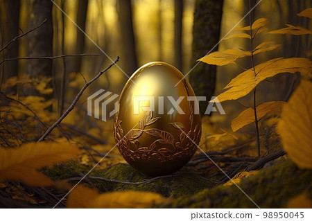 Golden egg in fallen leaves. An abandoned golden egg in an autumn forrest. Golden egg in fallen leaves. An abandoned golden egg in an autumn forrest. 98950045