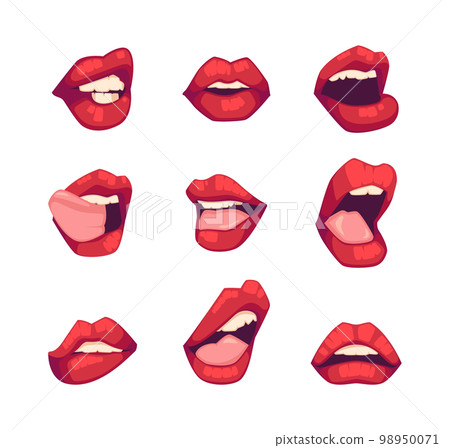 Female Mouths with Bright Red Lipstick Set. Woman Lips Pensive, Surprised, Sad Expressions Icons Set Vector Illustration 98950071